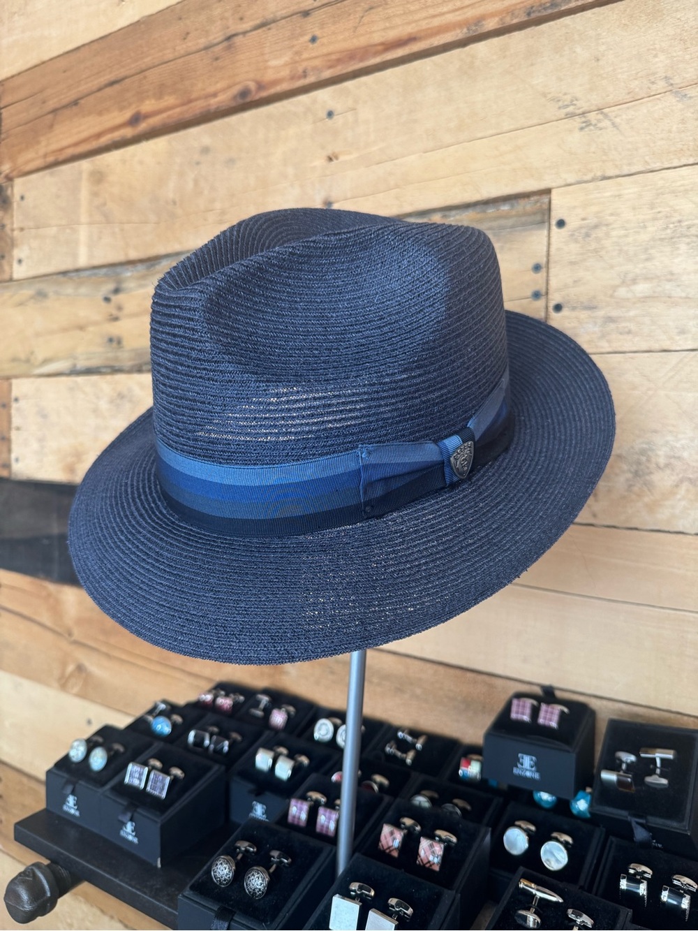 Dobbs Men's Navy Straw Fedora Hat with Blue Band